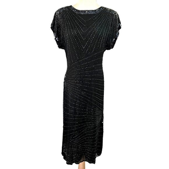 70s Oleg Cassini Black Silk Maxi Sheath Intricate Beading Open Back Womens Sz 6 - Picture 5 of 13